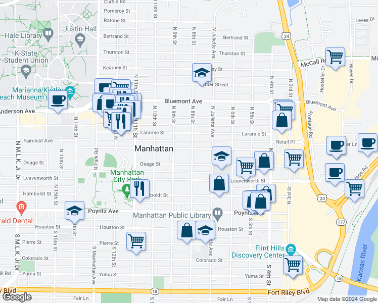 map of restaurants, bars, coffee shops, grocery stores, and more near 801 Fremont Street in Manhattan