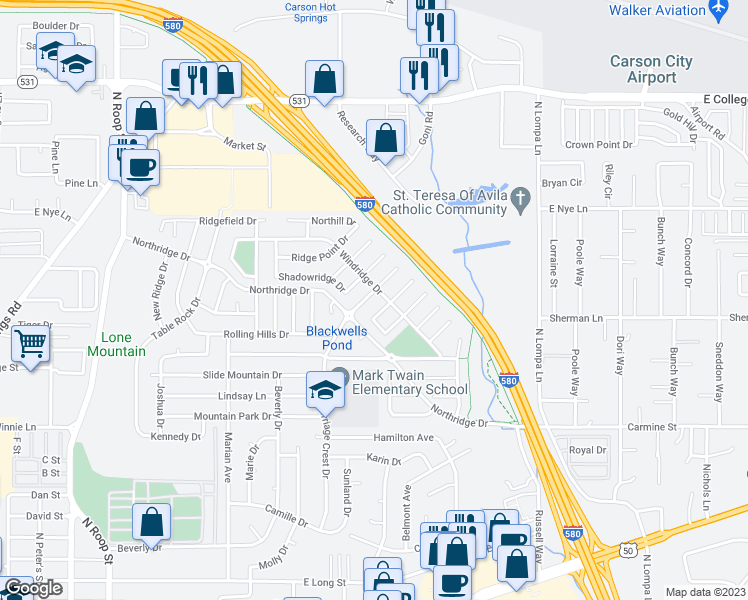 map of restaurants, bars, coffee shops, grocery stores, and more near 2627 Carriage Crest Drive in Carson City