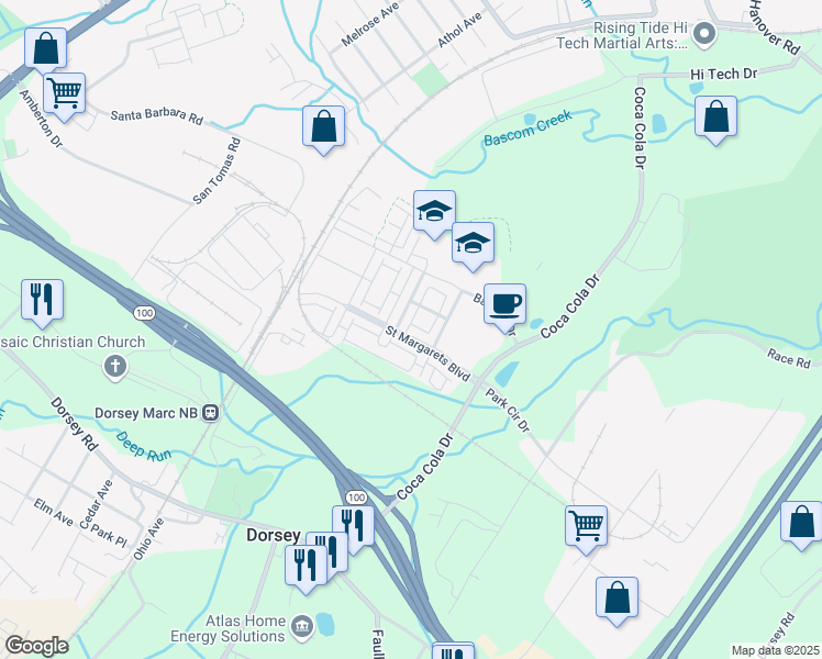map of restaurants, bars, coffee shops, grocery stores, and more near 7366 Saint Margarets Boulevard in Hanover