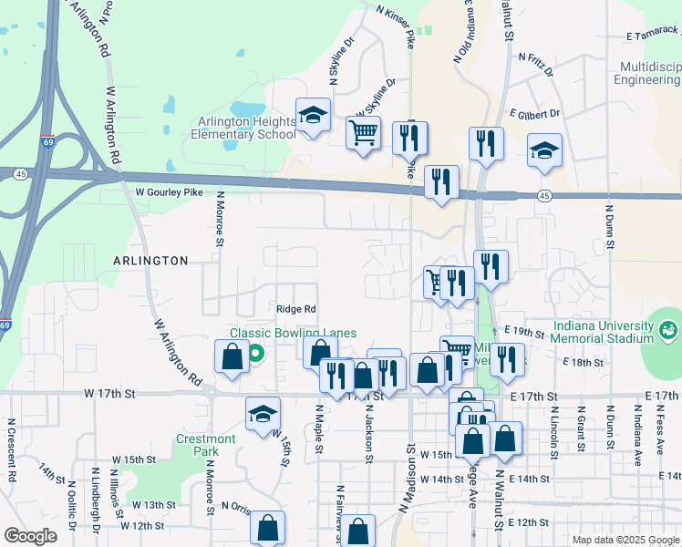 map of restaurants, bars, coffee shops, grocery stores, and more near 703 West Gourley Pike in Bloomington