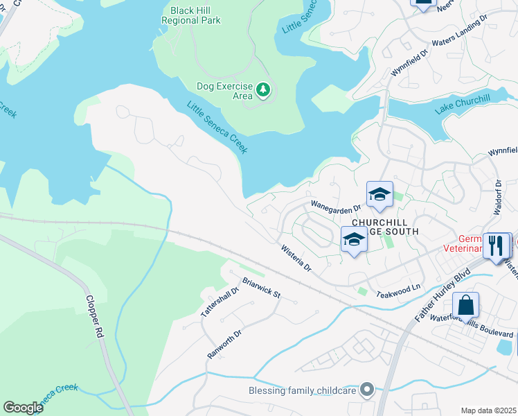map of restaurants, bars, coffee shops, grocery stores, and more near 39 Lake Park Court in Germantown