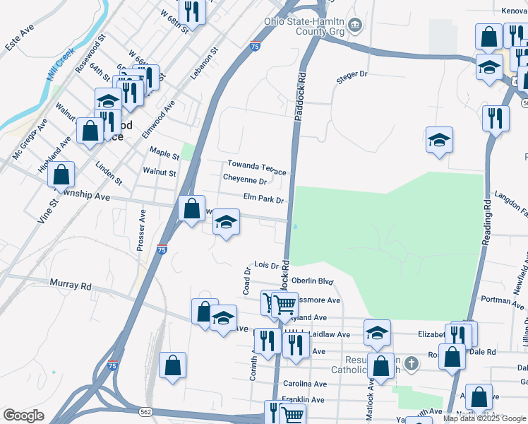 map of restaurants, bars, coffee shops, grocery stores, and more near 1162 Towne Street in Cincinnati