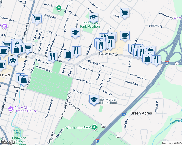 map of restaurants, bars, coffee shops, grocery stores, and more near 699 National Avenue in Winchester