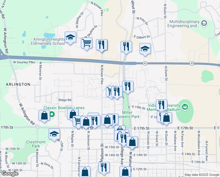 map of restaurants, bars, coffee shops, grocery stores, and more near 1508 North Woodburn Avenue in Bloomington