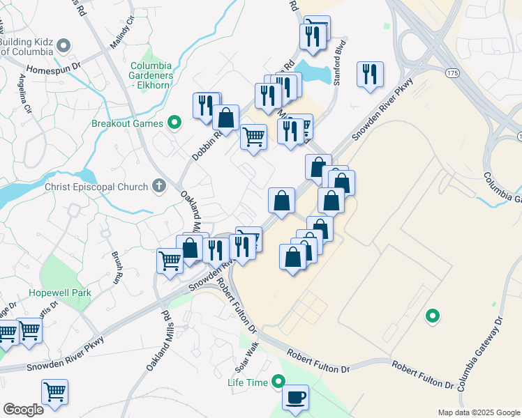 map of restaurants, bars, coffee shops, grocery stores, and more near 6801 Oak Hall Lane in Columbia