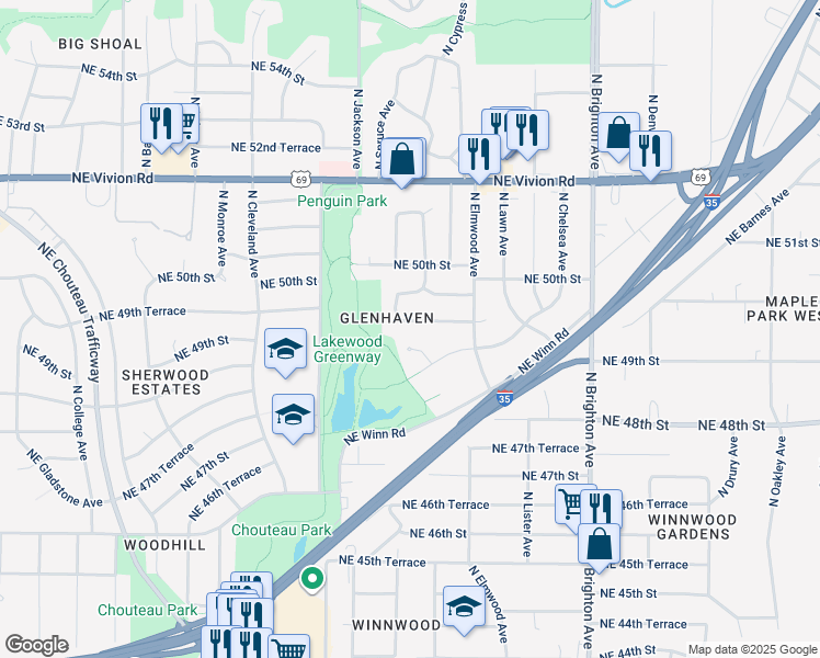 map of restaurants, bars, coffee shops, grocery stores, and more near 4823 North Kensington Circle in Kansas City