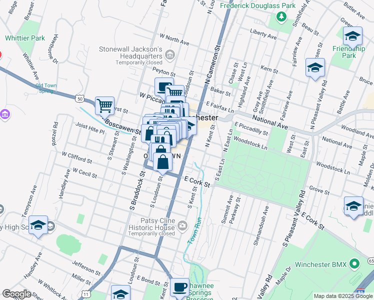 map of restaurants, bars, coffee shops, grocery stores, and more near 27 South Cameron Street in Winchester