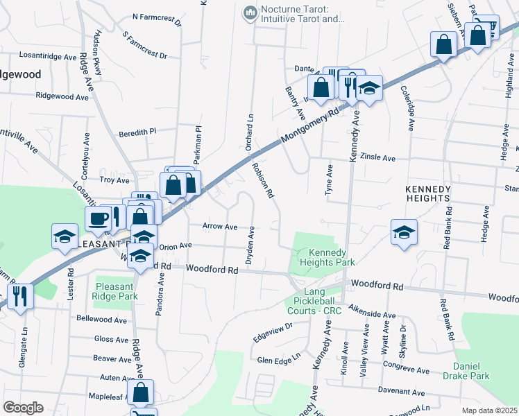 map of restaurants, bars, coffee shops, grocery stores, and more near 6072 Dryden Avenue in Cincinnati