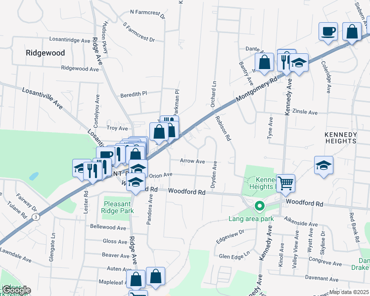 map of restaurants, bars, coffee shops, grocery stores, and more near 3326 Arrow Avenue in Cincinnati