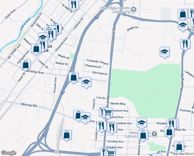 map of restaurants, bars, coffee shops, grocery stores, and more near 1162 Towne Street in Cincinnati