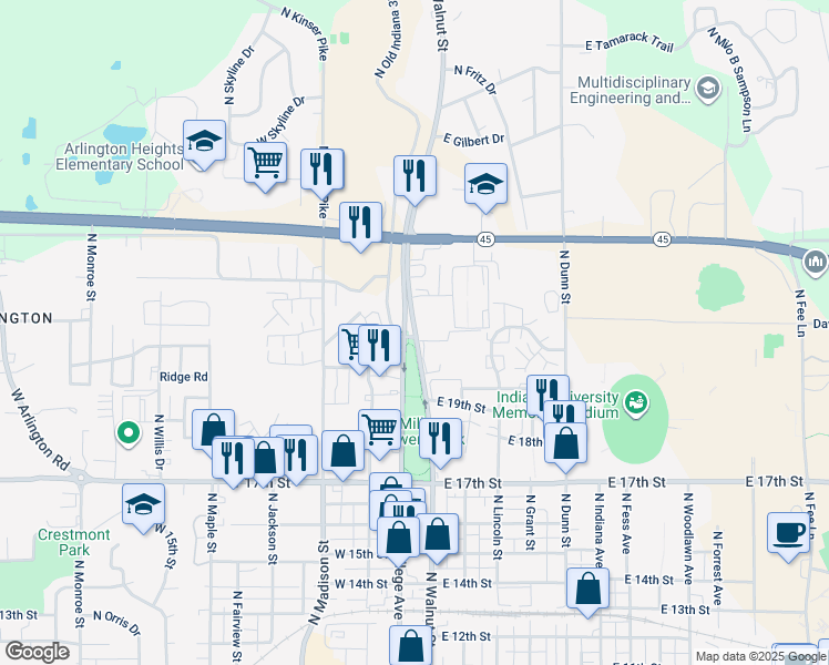 map of restaurants, bars, coffee shops, grocery stores, and more near 1722 North Walnut Street in Bloomington