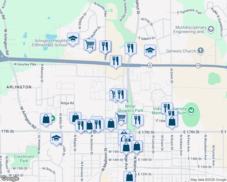map of restaurants, bars, coffee shops, grocery stores, and more near 1508 North Woodburn Avenue in Bloomington