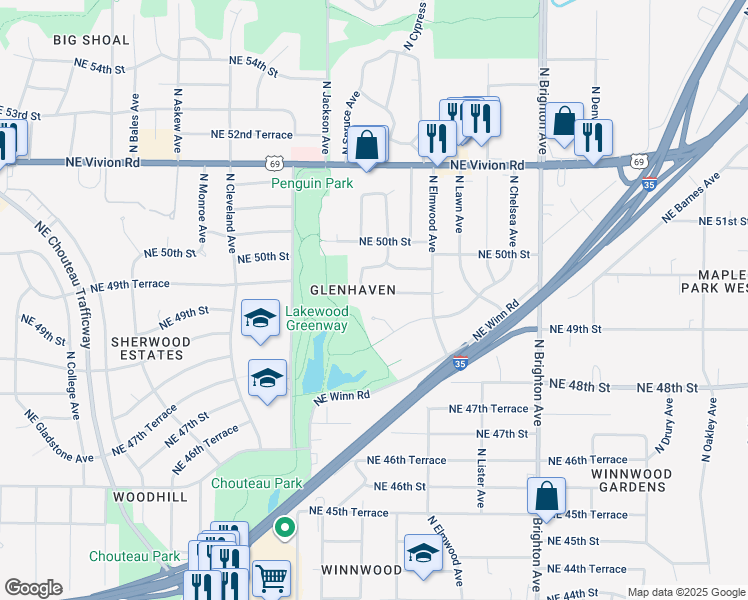 map of restaurants, bars, coffee shops, grocery stores, and more near 4823 North Kensington Circle in Kansas City