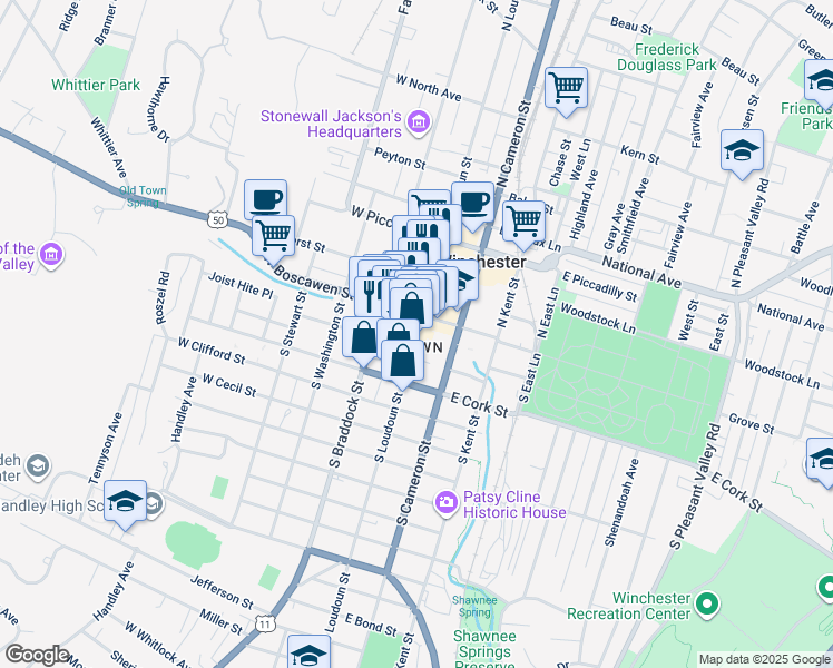 map of restaurants, bars, coffee shops, grocery stores, and more near 54 South Loudoun Street in Winchester