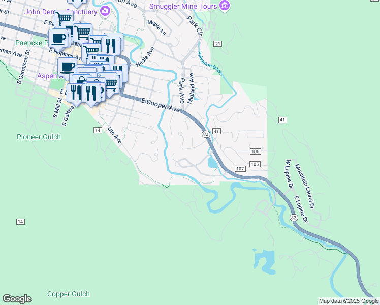 map of restaurants, bars, coffee shops, grocery stores, and more near 1315 Riverside Drive in Aspen