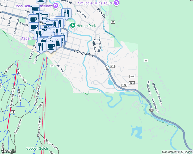 map of restaurants, bars, coffee shops, grocery stores, and more near 1412 Crystal Lake Road in Aspen