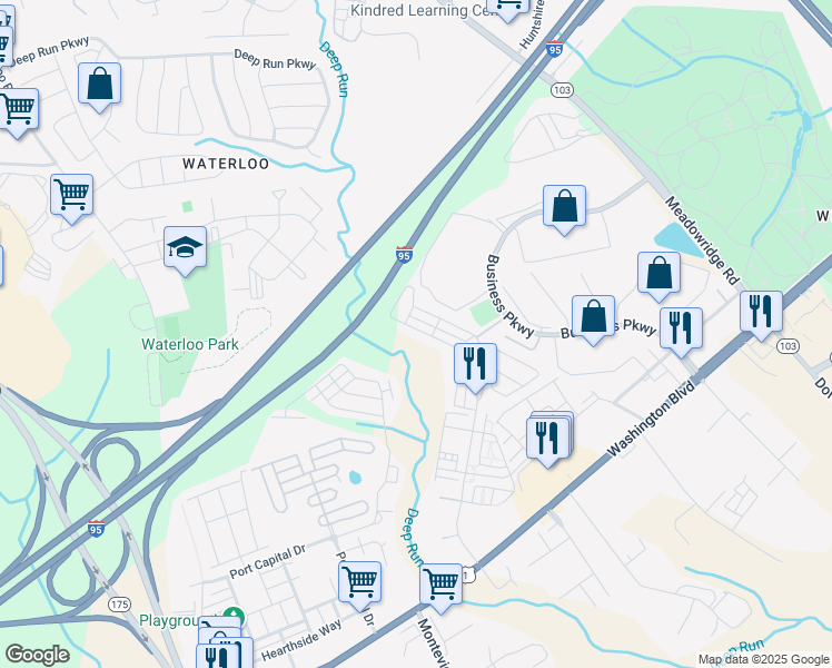 map of restaurants, bars, coffee shops, grocery stores, and more near 8021 Potter Place in Elkridge