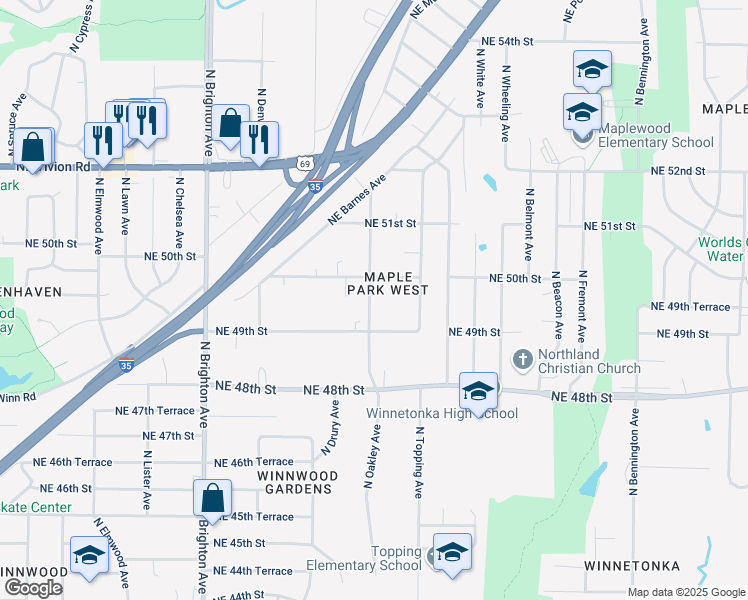 map of restaurants, bars, coffee shops, grocery stores, and more near 4923 North Oakley Avenue in Kansas City