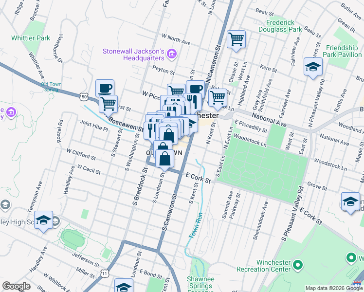map of restaurants, bars, coffee shops, grocery stores, and more near 27 South Cameron Street in Winchester