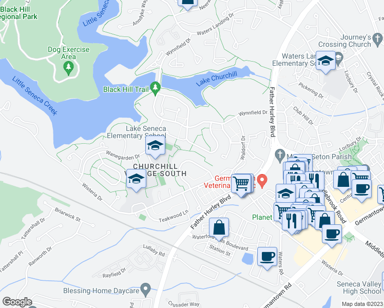 map of restaurants, bars, coffee shops, grocery stores, and more near 13445 Winterspoon Lane in Germantown