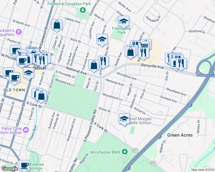 map of restaurants, bars, coffee shops, grocery stores, and more near 235 Kimberly Way in Winchester