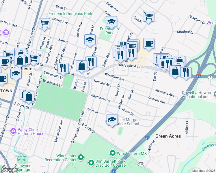 map of restaurants, bars, coffee shops, grocery stores, and more near 230 Chestnut Street in Winchester