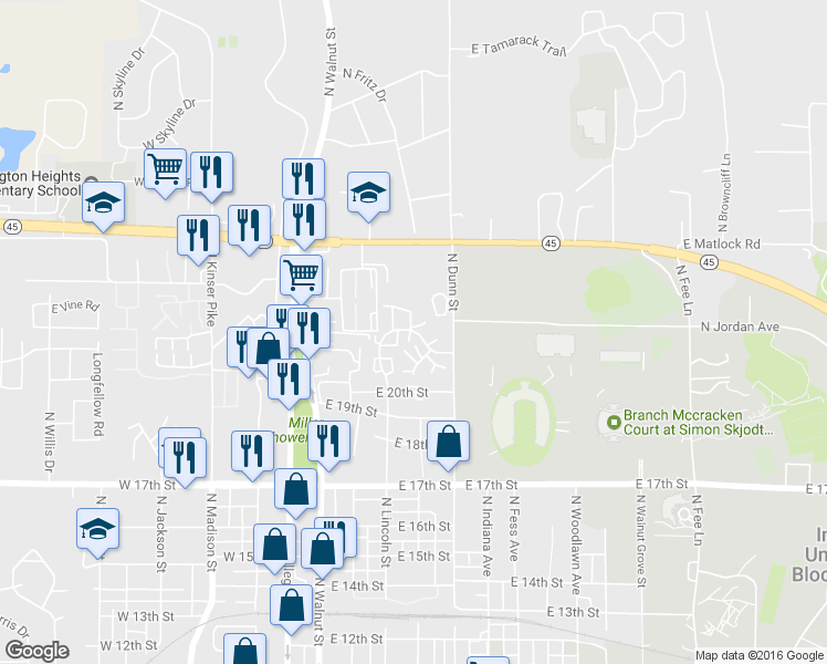 map of restaurants, bars, coffee shops, grocery stores, and more near 350 Varsity Lane in Bloomington
