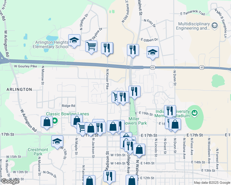 map of restaurants, bars, coffee shops, grocery stores, and more near 1508 North Woodburn Avenue in Bloomington