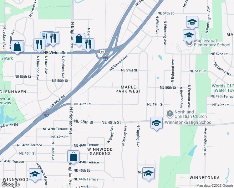 map of restaurants, bars, coffee shops, grocery stores, and more near 5500 Northeast 49th Street in Kansas City