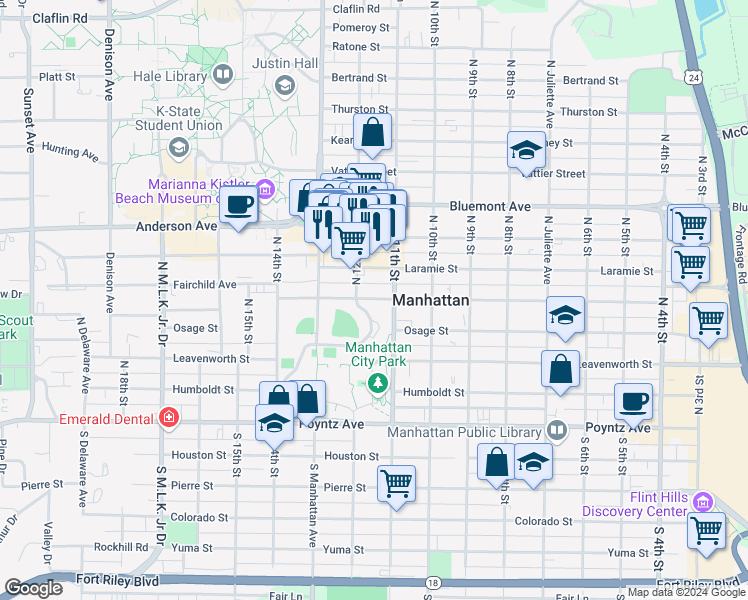 map of restaurants, bars, coffee shops, grocery stores, and more near 1101 Fremont Street in Manhattan