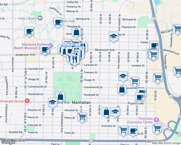 map of restaurants, bars, coffee shops, grocery stores, and more near 1011 Fremont Street in Manhattan