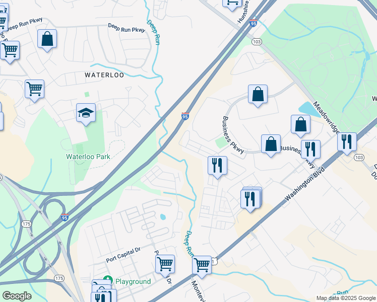 map of restaurants, bars, coffee shops, grocery stores, and more near 8027 Potter Pl in Elkridge