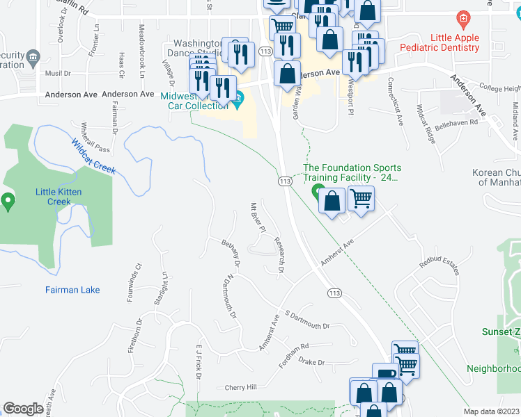 map of restaurants, bars, coffee shops, grocery stores, and more near 607 Timberwick Place in Manhattan