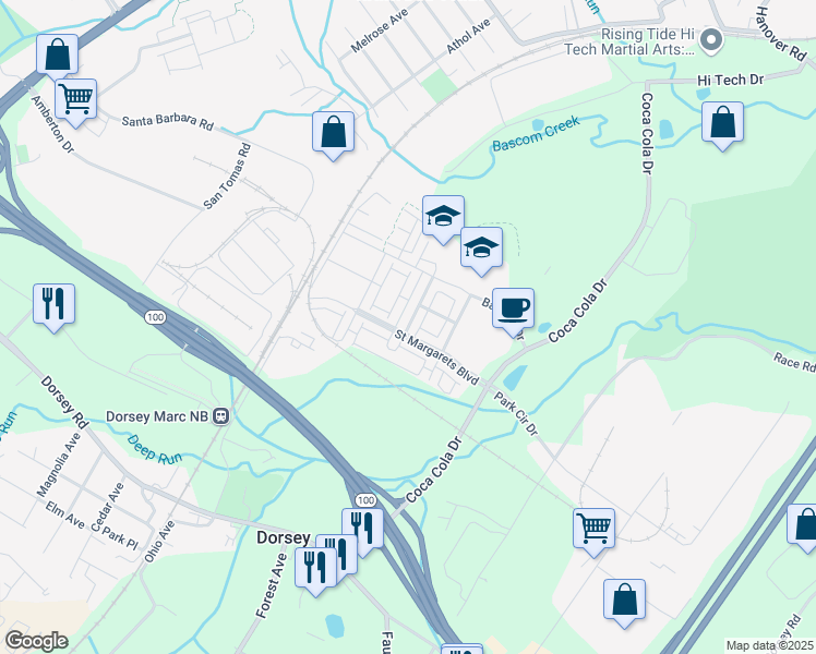 map of restaurants, bars, coffee shops, grocery stores, and more near 7103 Beaumont Place in Elkridge
