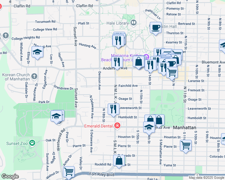 map of restaurants, bars, coffee shops, grocery stores, and more near 331 North Martin Luther King Jr. Drive in Manhattan