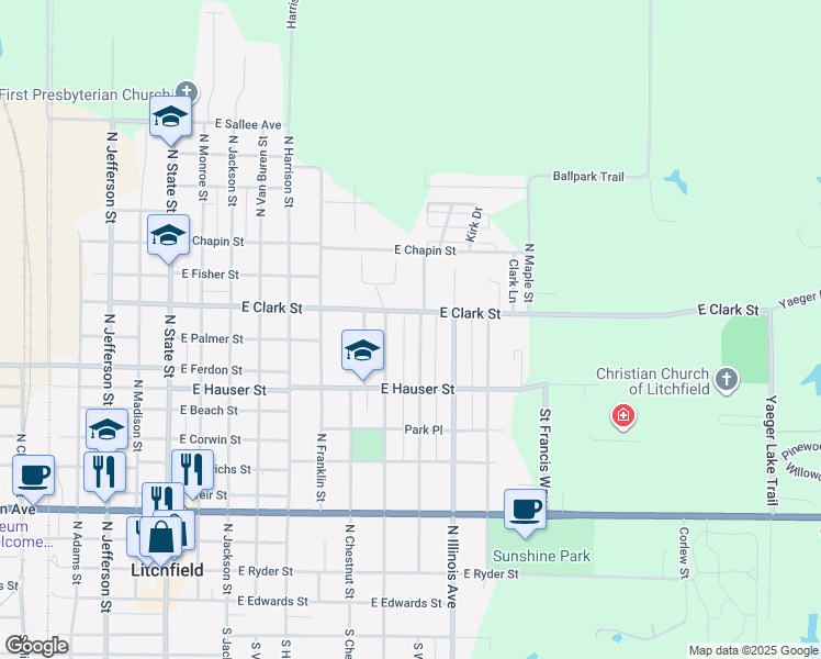 map of restaurants, bars, coffee shops, grocery stores, and more near 1125 North Walnut Street in Litchfield