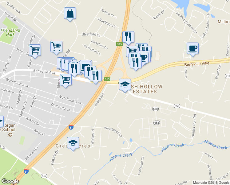 map of restaurants, bars, coffee shops, grocery stores, and more near 102 Anderson Avenue in Winchester