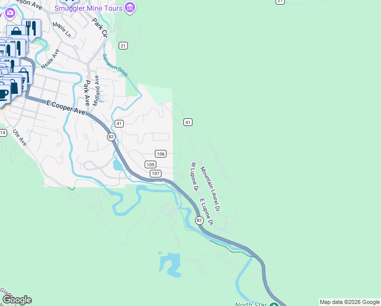 map of restaurants, bars, coffee shops, grocery stores, and more near 182 West Lupine Drive in Aspen