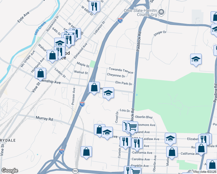 map of restaurants, bars, coffee shops, grocery stores, and more near 1125 Towne Street in Cincinnati
