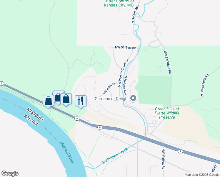 map of restaurants, bars, coffee shops, grocery stores, and more near 4886 Northwest Misty Lane in Kansas City