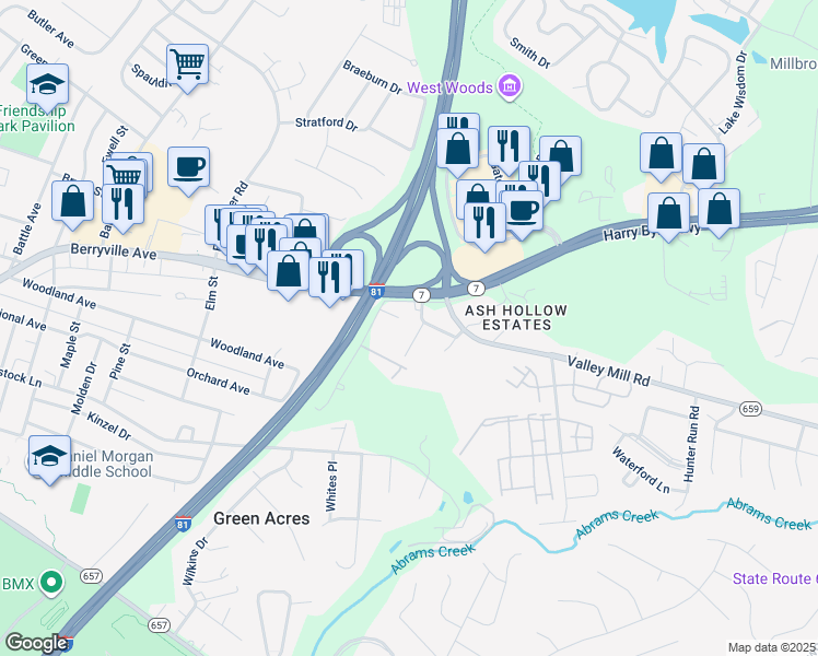 map of restaurants, bars, coffee shops, grocery stores, and more near 102 Anderson Avenue in Winchester