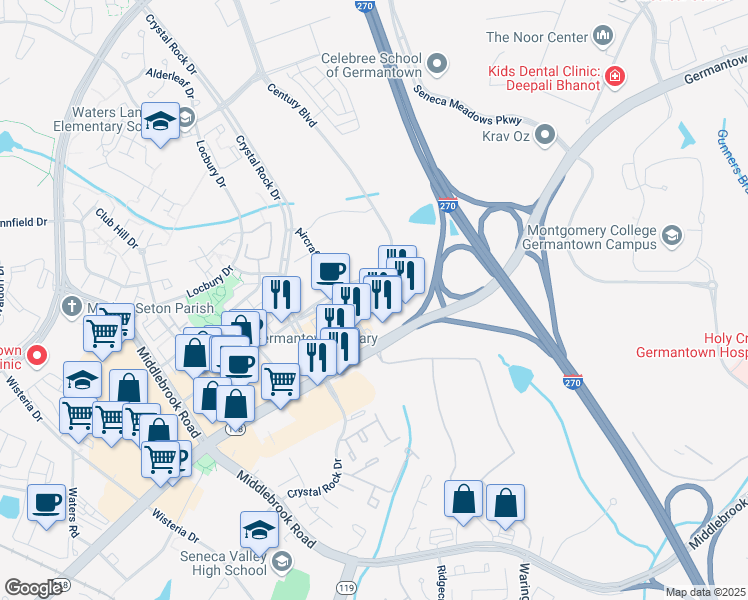 map of restaurants, bars, coffee shops, grocery stores, and more near 20013 Century Boulevard in Germantown