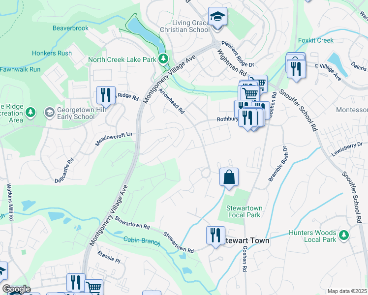 map of restaurants, bars, coffee shops, grocery stores, and more near 9431 Chatteroy Place in Gaithersburg
