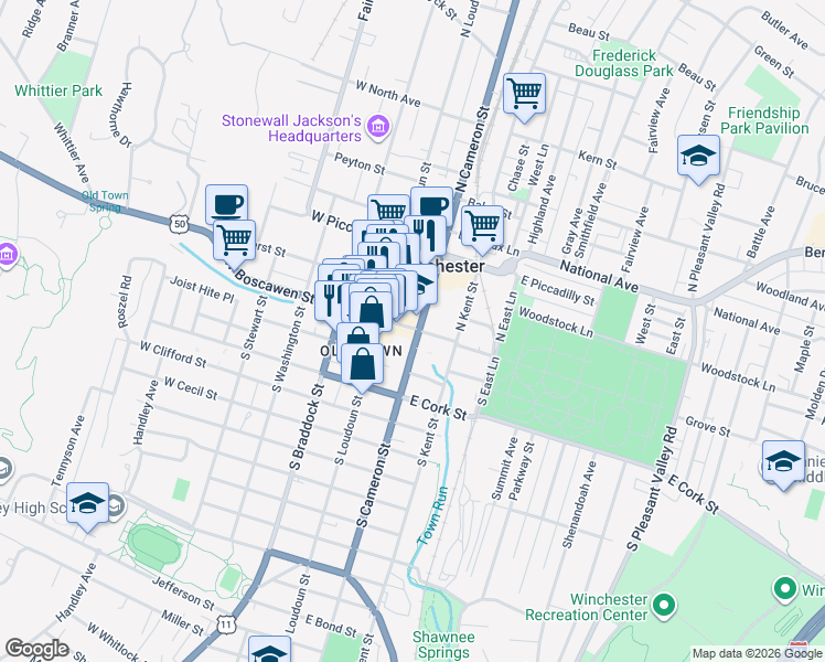 map of restaurants, bars, coffee shops, grocery stores, and more near 45 West Boscawen Street in Winchester