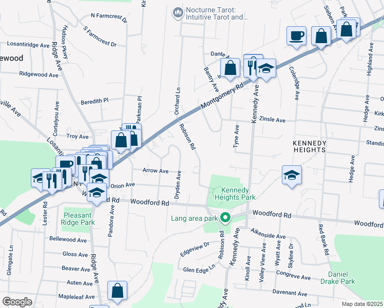 map of restaurants, bars, coffee shops, grocery stores, and more near 6138 Robison Road in Cincinnati