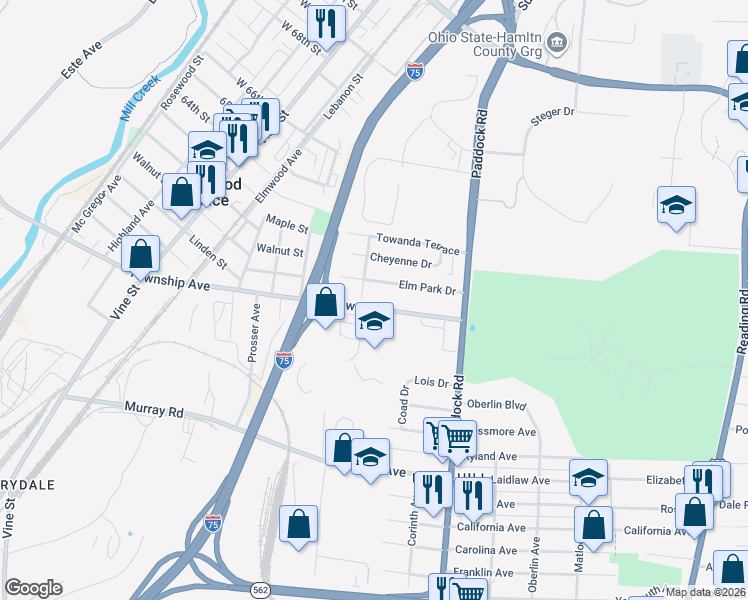 map of restaurants, bars, coffee shops, grocery stores, and more near 1125 Towne Street in Cincinnati