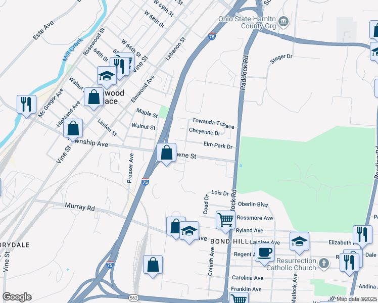 map of restaurants, bars, coffee shops, grocery stores, and more near 1125 Towne Street in Cincinnati
