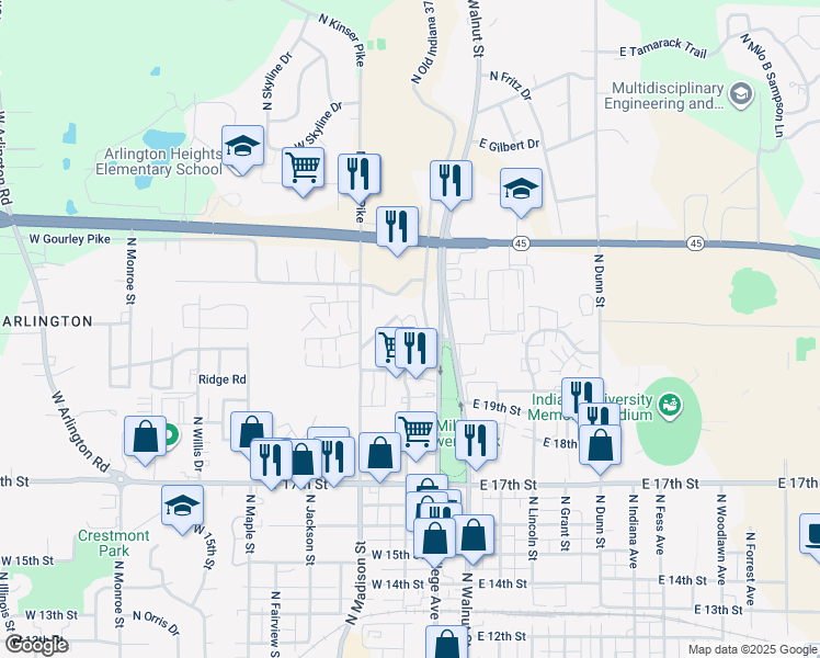 map of restaurants, bars, coffee shops, grocery stores, and more near 1508 North Woodburn Avenue in Bloomington