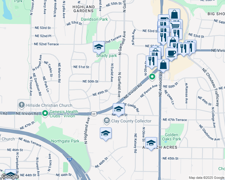 map of restaurants, bars, coffee shops, grocery stores, and more near 2003 Northeast 49th Street in Kansas City