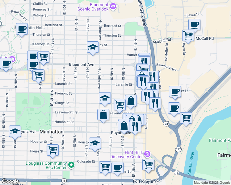 map of restaurants, bars, coffee shops, grocery stores, and more near 510 Osage Street in Manhattan